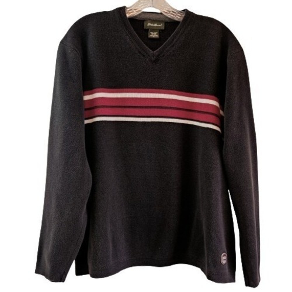 Eddie Bauer Black Striped V-Neck Cotton Knit Sweater XL Gorpcore Outdoor Preppy